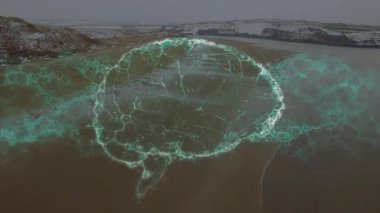 Deniz manzarası üzerinde insan beyni animasyonu. küresel bilim, bağlantılar, veri işleme ve dijital arayüz kavramı dijital olarak oluşturulmuş video.