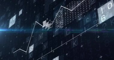 Finansal grafiğin karanlık arka plandaki veri işleme üzerindeki animasyonu. küresel bağlantılar, iş dünyası, dijital arayüz, teknoloji ve ağ konsepti dijital olarak oluşturulmuş video.