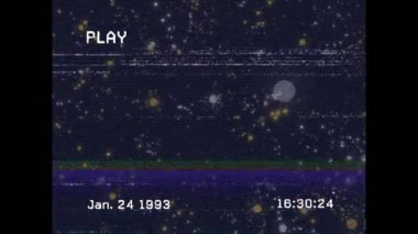 Siyah arkaplanda parlayan noktaların üzerindeki parazitin canlandırması. küresel dijital arayüz, veri işleme ve teknoloji konsepti dijital olarak oluşturulmuş video.