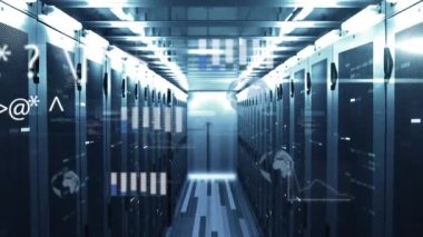 Sunucu odasında dünya ve veri işleme animasyonu. küresel bağlantılar, iş dünyası, dijital arayüz, teknoloji ve ağ konsepti dijital olarak oluşturulmuş video.