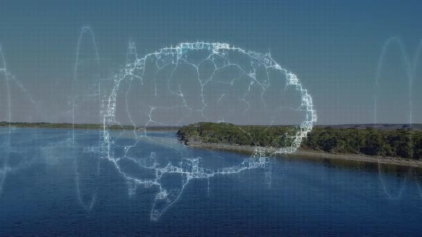 Animacja Ludzkiego Mózgu Nad Krajobrazem Morskim Globalne Połączenia Biznes Interfejs — Wideo stockowe
