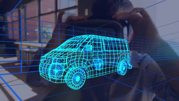 Animacja Cyfrowego Rysunku Samochodu Nad Człowiekiem Pomocą Zestawu Słuchawkowego Globalna — Wideo stockowe