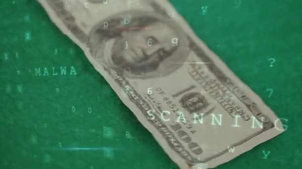 在钞票上进行数据处理的动画 全球连接 数据处理和数字视频产生的数字接口概念 — 图库视频影像