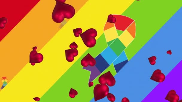 Animazione Cuori Che Galleggiano Sopra Bandiera Arcobaleno Con Nastro Sostenere — Video Stock