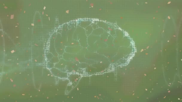 Animering Fallande Konfetti Över Snurrande Hjärna Globalt Koncept För Medicin — Stockvideo