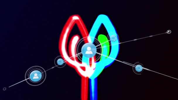 Animation Network Connections Email Icons Black Background Blue Red Lights — Stock Video