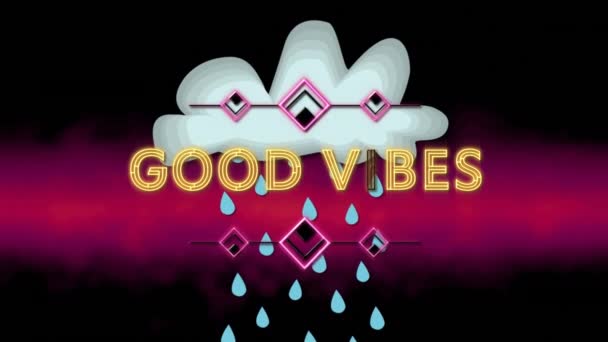 Animation Good Vibes Text Cloud Rain Purple Background Global Social — Stockvideo