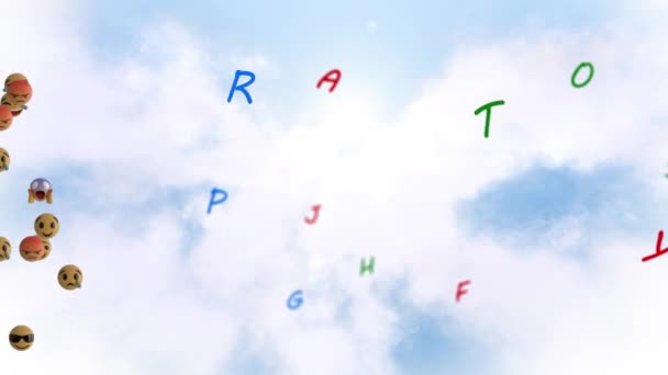 Κινούμενα Σχέδια Πλωτών Emojis Και Γράμματα Πάνω Από Σύννεφα Έννοια — Αρχείο Βίντεο