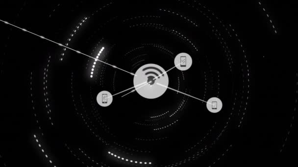 在黑色背景上的无线图标连接网络动画 全球连接 技术和数字接口概念数字生成的视频 — 图库视频影像