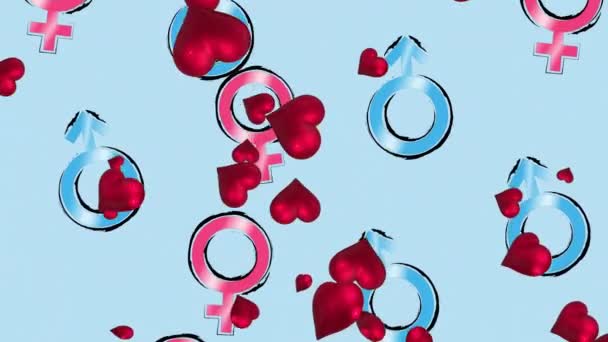 Animation Hearts Floating Male Female Symbols Blue Background Supporting Lgbt — Stock Video