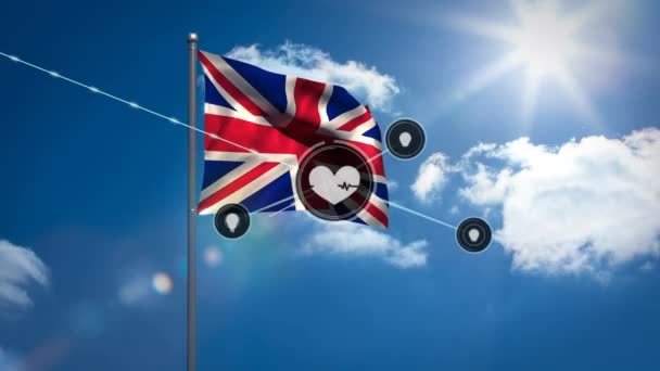 Animación Red Conexión Iconos Sobre Bandera Del Reino Unido Cielo — Vídeos de Stock