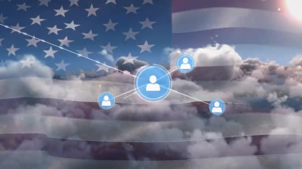 Animation Network Connection Icons Usa Flag Cloudy Sky Social Media — Stockvideo
