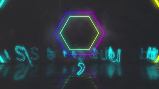 Animation of like, share, subscribe text over neon hexagons on black background. global social media, connections and digital interface concept digitally generated video.