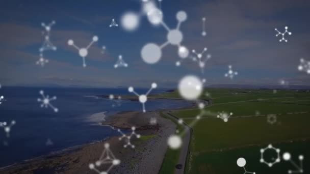 Animation Molécules Qui Tombent Sur Paysage Marin Science Globale Connexions — Video