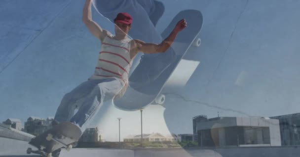 Animación Las Piernas Skateboarder Sobre Otro Skateboarder Saltando Fondo Deportes — Vídeo de stock