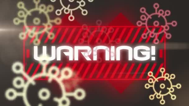 Animation Warning Text Covid Cells Black Background Global Covid Pandemic — Stock Video