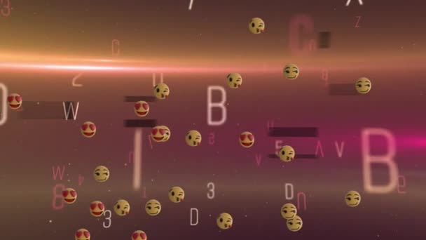 数字和情感符号的动画漂浮在橙色和粉色的背景上 社交媒体 计算机 数字接口和数字视频技术概念 — 图库视频影像