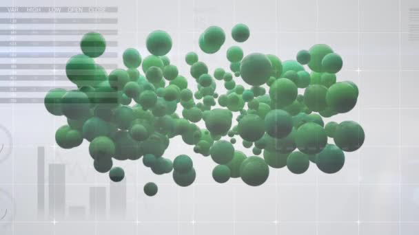 Animation Grüner Kugeln Über Verschiedenen Daten Auf Grauem Hintergrund Globales — Stockvideo