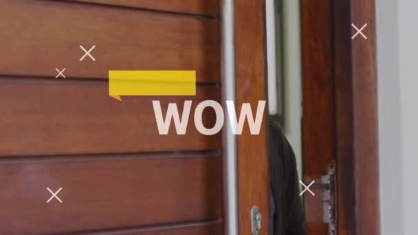 Animation Wow Text Happy Biracial Senior Woman Opening Door Spending — Stockvideo