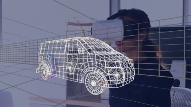 Анимирование Цифрового Трехмерного Рисунка Автомобиля Над Женщиной Помощью Гарнитуры Глобальное — стоковое видео