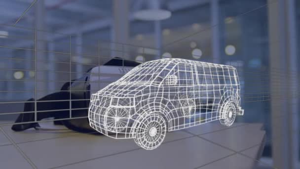 Vrヘッドセット上の車のデジタル3D図面のアニメーション 世界規模のエンジニアリング 車の設計 接続とデジタルインターフェースの概念デジタル生成されたビデオ — ストック動画