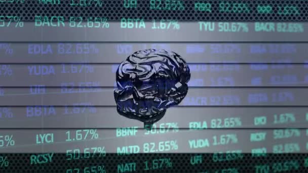 Animation Rotierender Hirn Und Börsendaten Globales Geschäfts Finanz Wissenschafts Digitales — Stockvideo