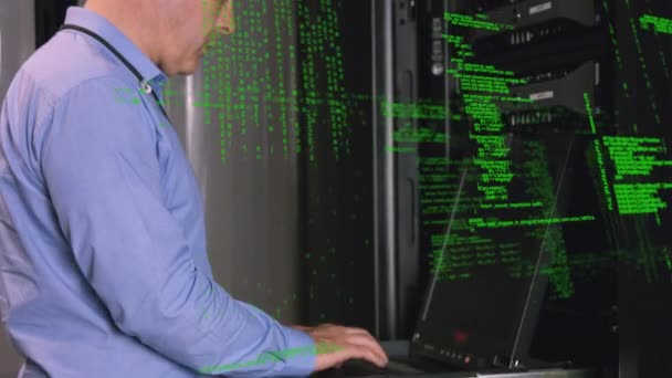 Animation Data Processing Caucasian Man Using Computer Server Room Global — Stock Video