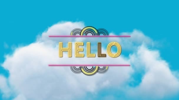 Animação Olá Texto Sobre Céu Com Nuvens Mídia Social Global — Vídeo de Stock