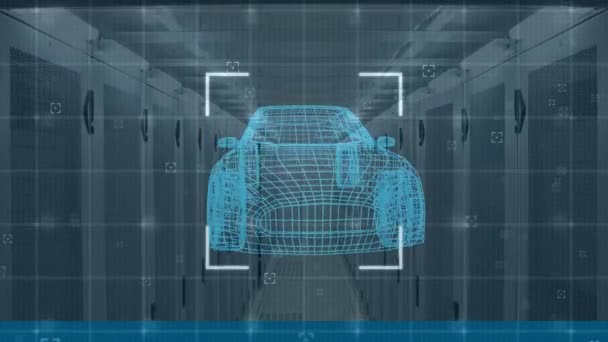 Animacja Cyfrowego Rysunku Samochodu Nad Serwerownią Globalne Połączenia Biznes Interfejs — Wideo stockowe