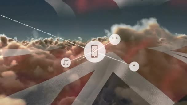 Animazione Rete Connessione Icone Sopra Bandiera Del Regno Unito Cielo — Video Stock