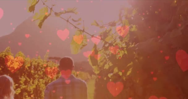 Animation Digital Hearts Caucasian Couple Walking Plantation Leisure Time Concept — Stockvideo