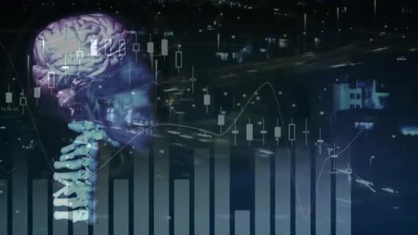Animatie Van Grafieken Gegevens Draaiend Kopmodel Blauwe Achtergrond Mondiaal Business — Stockvideo