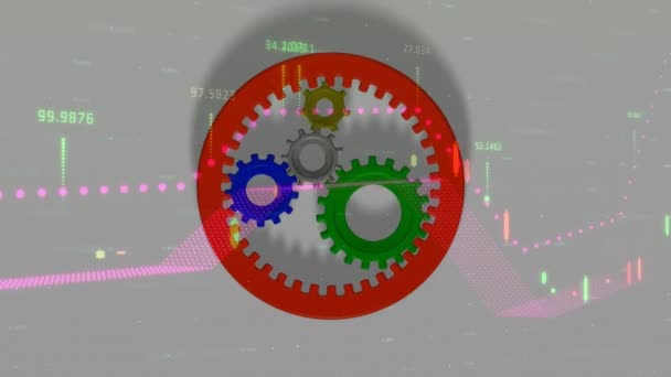 Animación Engranajes Giratorios Sobre Gráficos Sobre Fondo Gris Negocios Globales — Vídeos de Stock