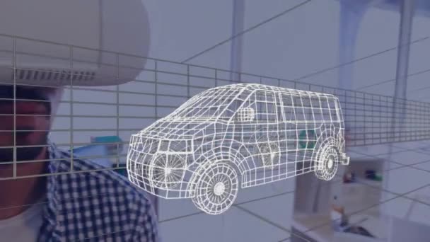 Анимирование Цифрового Трехмерного Рисунка Автомобиля Над Человеком Помощью Гарнитуры Глобальное — стоковое видео