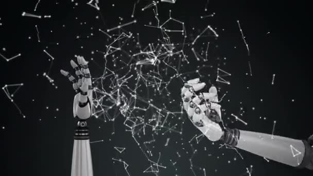 黒の背景にロボットの手の上に星座のアニメーション 世界的な接続 安全性 デジタルインターフェースの概念はデジタルで生成されたビデオ — ストック動画