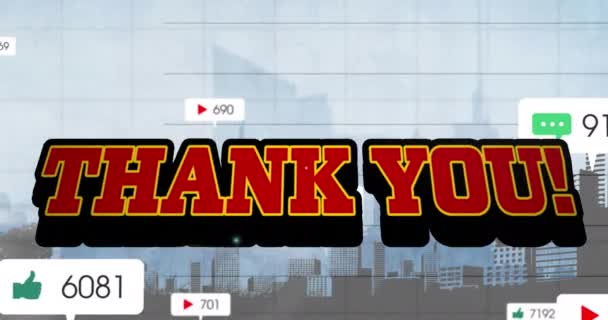 Анимация Благодарственного Текста Над Ростом Числа Города Глобальная Обработка Данных — стоковое видео