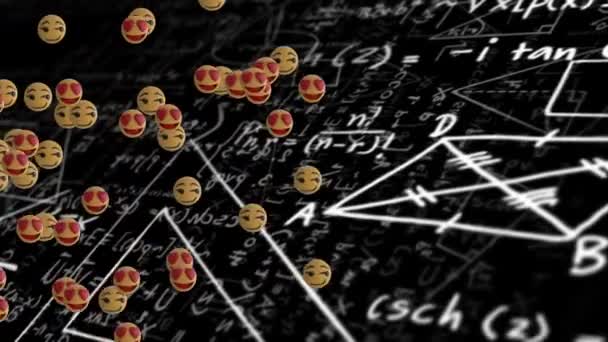 Animación Emojis Flotando Sobre Fórmulas Matemáticas Sobre Fondo Negro Redes — Vídeo de stock