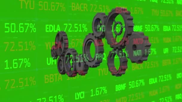 Animation Gears Rotating Stock Market Data Green Background Global Business — 图库视频影像