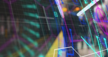 Arka plandaki tren platformunda tarama ve veri işleme görüntüsü. Dijital arayüz küresel bağlantı ve dijital olarak oluşturulan iletişim konsepti.