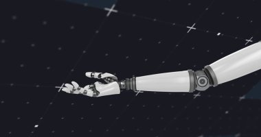 Robotun kolunun beyaz işaretlerin üzerindeki görüntüsü ve siyah arka plandaki ızgara. küresel teknoloji, ağ oluşturma ve dijital arayüz kavramı dijital olarak oluşturulmuş görüntü.