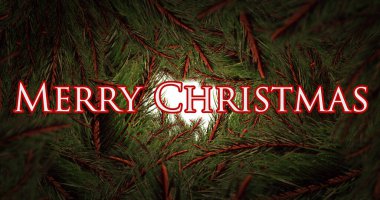 Köknar ağacı dallarının noel süslemesi sırasındaki Noel tebrikleri. Noel, gelenek ve kutlama konsepti dijital olarak oluşturuldu.