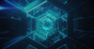 Mavi parlayan tüneldeki bağlantı ağlarının küresiyle dijital arayüzün görüntüsü. Küresel teknoloji ve bağlantı ağı konsepti dijital olarak oluşturulmuş görüntü.