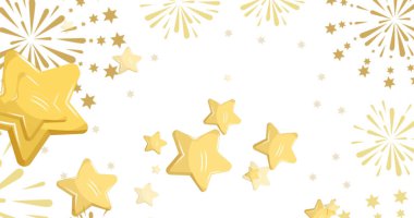 Altın noel yıldızlarının beyaz arka planda yeni yıl havai fişeklerini canlandırması. Noel, yeni yıl, kutlama, parti ve mevsimlik olay konsepti dijital olarak oluşturuldu.