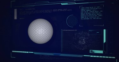 Dürbünlü golf topu görüntüsü ve veri işleme. global spor, rekabet, teknoloji, veri işleme ve dijital arayüz kavramı dijital olarak oluşturuldu.