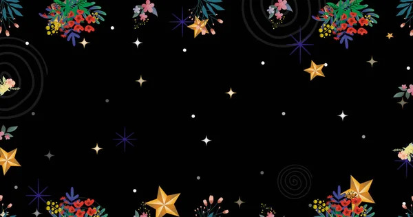 Bild Von Weißen Und Goldenen Sternen Mit Blumen Auf Schwarzem — Stockfoto