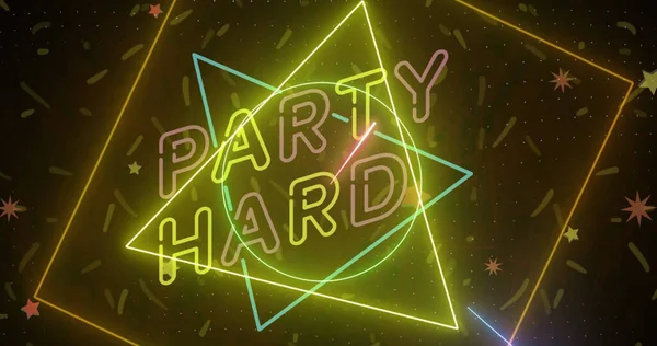 Image Party Hard Text Pink Yellow Neon Confetti Falling Black — Stock Photo, Image