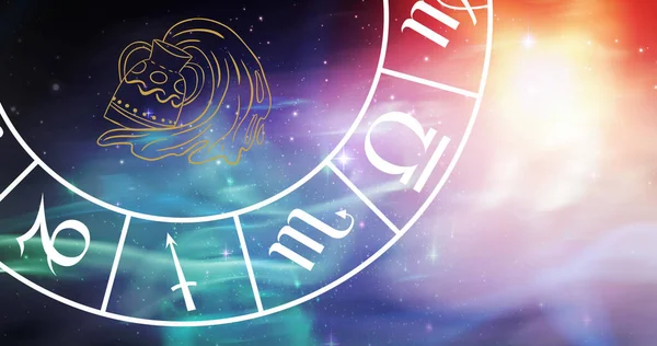 Image Aquarius Star Sign Symbol Spinning Horoscope Wheel Glowing Stars — Stock Photo, Image