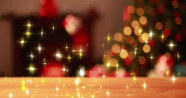Image Confetti Falling Fairy Lights Christmas Tree Christmas Tradition Celebration — 图库照片