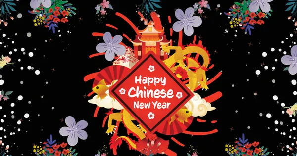 Image Happy Chinese New Year Text Temple Lights Flowers Black — Stock Photo, Image