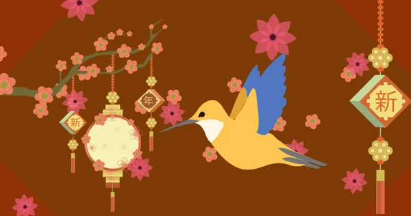 Bild Der Illustration Von Kolibri Mit Kirschblüte Und Chinesischen Laternen — Stockfoto